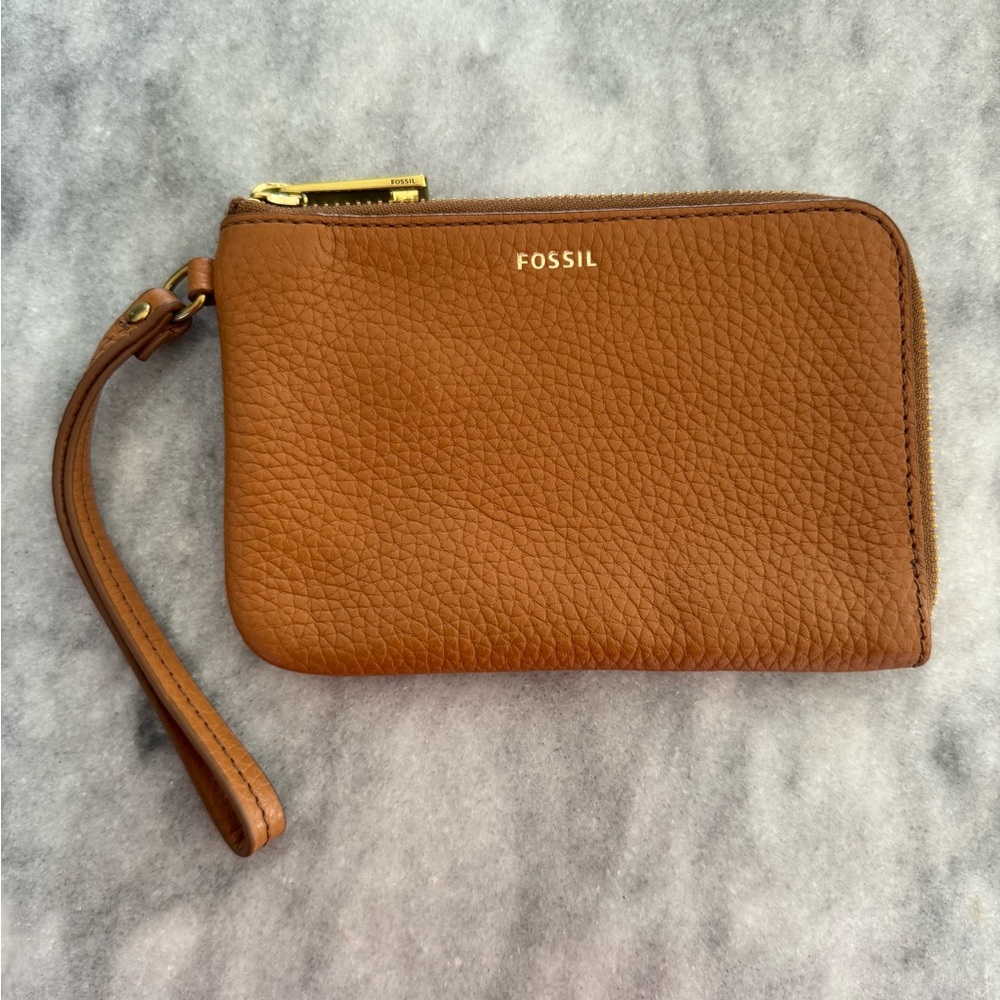 Fossil Genuine Leather Tan Cognac Wristlet Coin Purse, Wallet Classic
